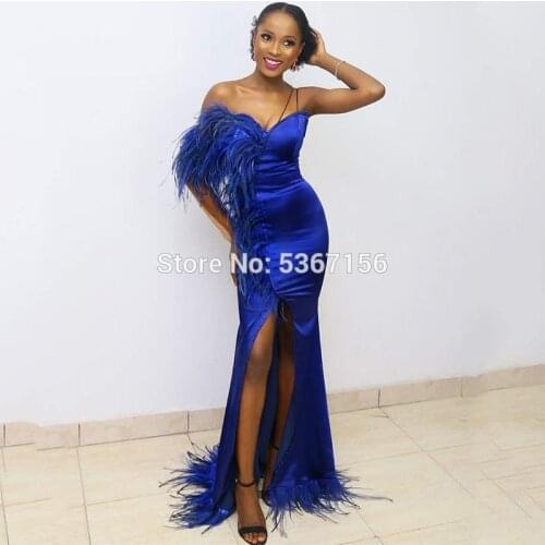 Royal Blue Dubai Mermaid Evening Dresses Feathers Long High Split Saudi Arabia Prom Gowns One Shoulder Formal Women Party Dress