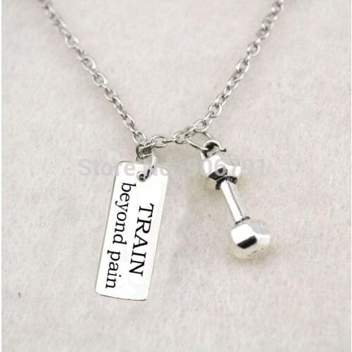 Antique Silver plated dumbbell and rectangular TRAIN beyond pain charms Fitness Weightlifting Gym necklace