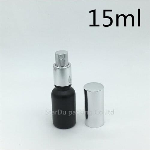 Free Shipping 200pcs 15ml black Frosted glass bottle with silvery aluminum sprayer,15cc Essential Oil Spray perfume bottle