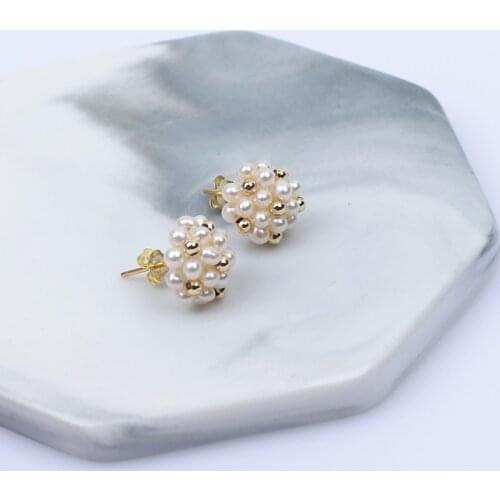 Free shipping sweet style 925 sterling silver stud crafe refined quality mini real natural pearl bead ball earring