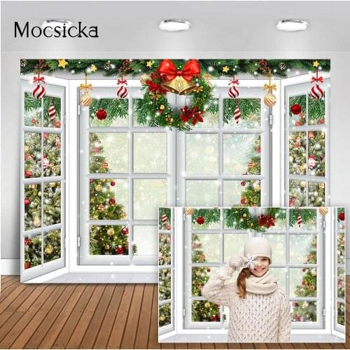 Winter Windows Backdrop for Snow Pine Tree Photography Wreath X-mas Tree Holiday Party Decorations Children Newborn Portrait