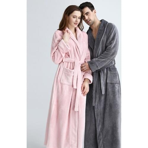 Extra Long Plus Size Winter Warm Coral Fleece Bathrobe Women Men Flannel Dobby Kimono Bath Robe Bridesmaid Dressing Gown Wedding
