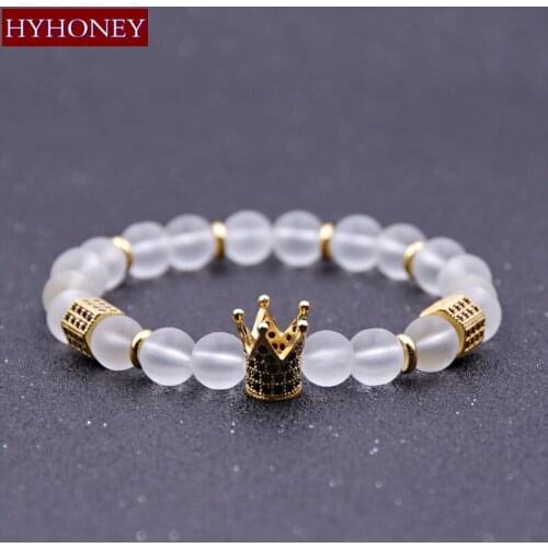HYHONEY Natural Stone White Matte Beads Micro Pave CZ Crown Charm Bracelets for Women Bracelets & Bangles Yoga Men Jewelry