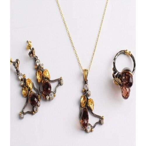 Drop Zultanite Jewelry Set Gold Plated, Woman Delicate Silver Zultanite Ring+Necklace+Earrings, Handmade Woman Silver
