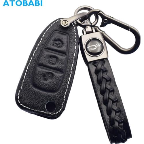 Leather Car Key Case 3 Buttons Folding Remote Control Fobs Shell Protector Cover For Ford Focus 2 3 Fusion 2014 2015 Fiesta 2013