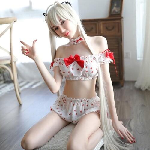 Lace Bow Strawberry Bra Underwear with Necklace Costume Cute Japanese Pink Maid Strawberry Cosplay Costumes Uniform