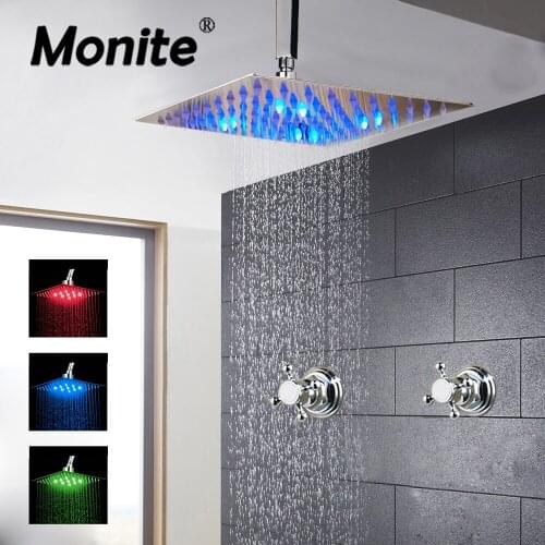 Monite 8/16 Inch LED Rain Shower Bar Wall Mounted Shower Faucet W/ Chrome Polish LED Square Shower Head Water Mixer Shower sets