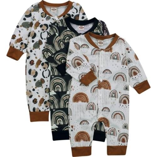 Single-breasted Baby Boy Girls Romper Cotton Long Sleeve Rainbow print Jumpsuit Infant Clothing Autumn Newborn Baby Clothes