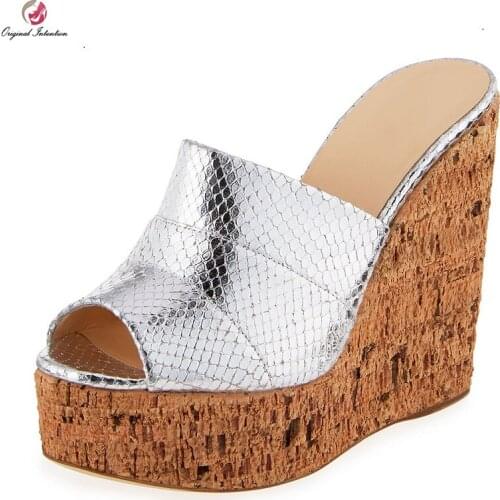 Original Intention Fashion Women Sandals Platform Wedges Heels Open Toe Slip On Sandals Black Gold Silver Shoes Summer Size 13