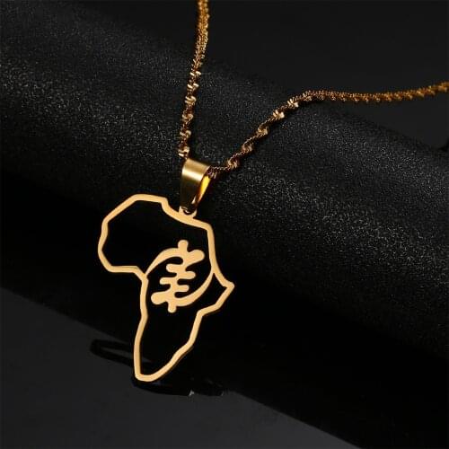 Stainless Steel African Map Symbol Pendant Necklace Adinkra Gye Nyame Ethnic Map Chain Jewelry