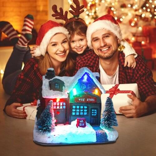 Christmas Resin House With LED Light Merry Christmas Decor For Home Decoration Falling Snow House Ornaments New Year Reasonable