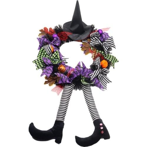 Halloween Wreath Door Hanging Decoration Halloween Witch Hat Leg Pumpkin Door Wreath Happy Halloween Party Home Party Supplies