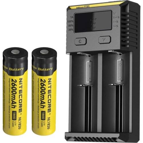 NITECORE NEW I2 Intellicharger OLED Screen battery Charger + NITECORE 18650 2600mAh NL1826 3.7V 9.6Wh Rechargeable Li Battery
