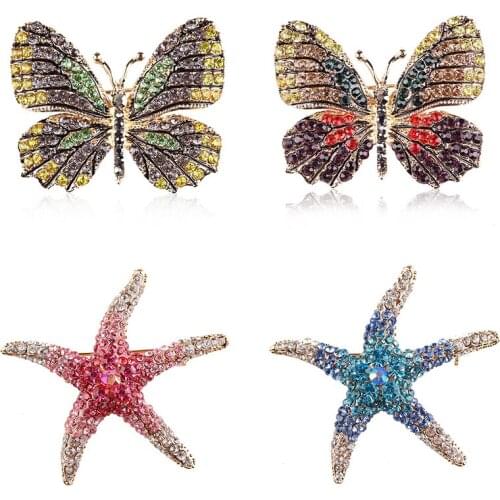 Cute Butterfly Starfish Brooch Pins for Women Fashion Crystal Rhinestone Ainmal Brooches New Year Jewelry Gift Girl Label Pins