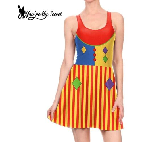 [You're My Secret]Summer Women Sleeveless Halloween Skull Clown Print Pleated Skirts Bodycon Party Black Tank Dress Vestidos