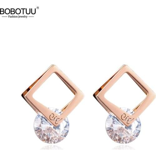 BOBOTUU Classic Cubic Zirconia Stud Earrings Jewelry For Women Titanium Steel Rose Gold Color Hollow Square Earrings BE17040