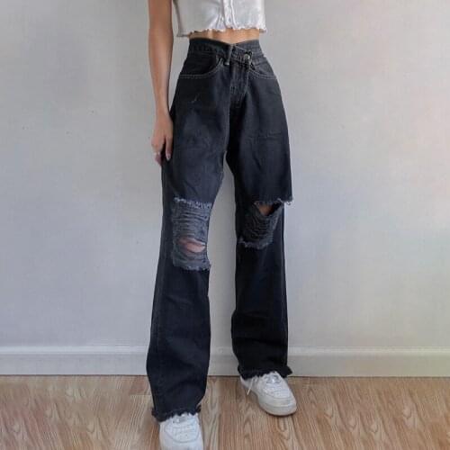 FNOCE 2020 new womens ripped jeans pants fashion casual street solid high waist hole slim loose denim straight pants for girl