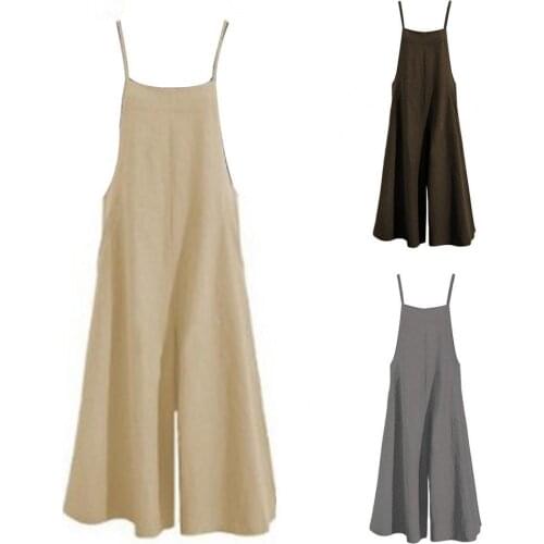 70% Dropshipping!!Women Jumpsuit Solid Color Wide Leg Summer Shoulder Strap Side Pockets Romper for Daily Wear