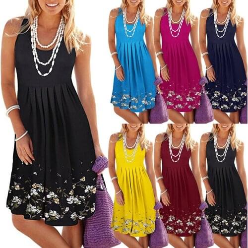 2021 Fashion New Women Summer Bohemian O-Neck Sleeveless A-Line Swing Dress Casual Tunic Plus Size Knee Length Loose Sundress