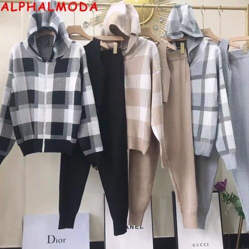 ALPHALMODA 2021 Winter Women New Hooded Plaids Cardigans Vest Trousers 3pcs Knitting Suits Zipper Coat Tank Top Pants 3pcs Set