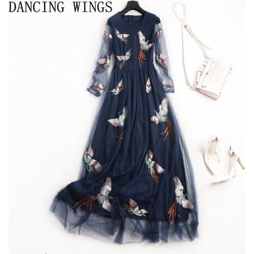 Runway Dresses 2020 High Quality Bird Embroidery Mesh Maxi Dress Elegant O-neck Women Long Sleeve Holiday Party Dress