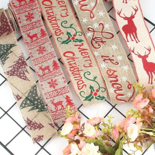 2M/Lot Christmas Burlap Jute Burlap Rolls Hessian Ribbon With Cartoon Printing Rustic Vintage For Christmas Party Decorations