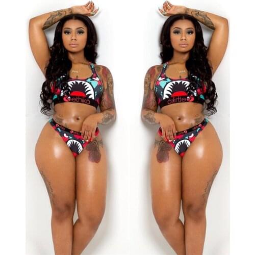 AHVIT Sexy Sandbeach Bikini Swimwear Two Piece Set Square Collar Sleeveless Top And Shorts Women Fashion Printing Suits LS6229