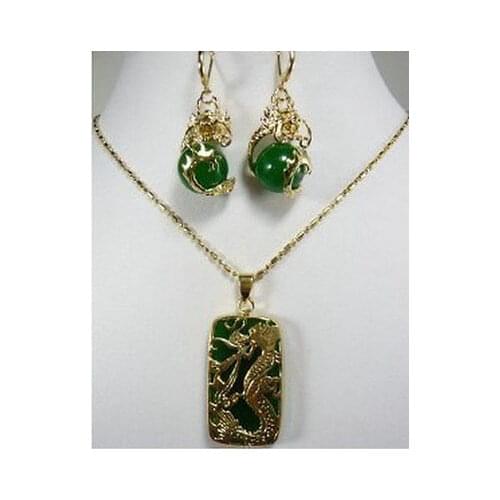 FREE SHIPPING>>@> Wholesale fast SHIPPING >>>>Charming Green stone Dragon Pendant necklace earring set Natural jewelry