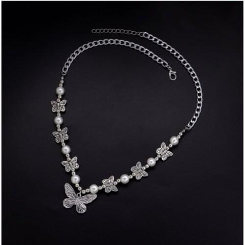 Harajuku Gothic Style Butterfly Pendant Chain Necklaces Choker Pearl Bead Personality Statement Women Party Gift Jewelry Making