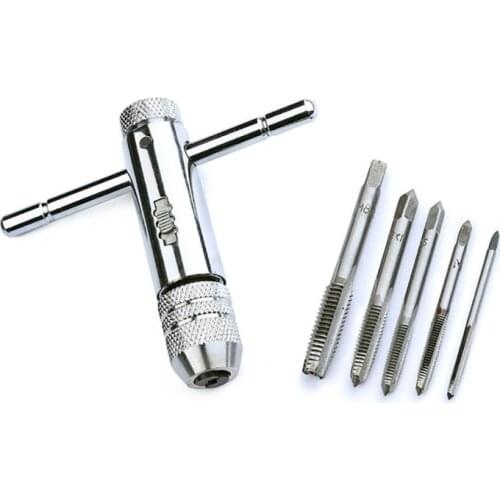 5Pcs/Set Adjustable 3-8mm T-Handle Ratchet Tap Wrench with M3-M8 Machine Screw Thread Metric Plug Tap Machinist Tool