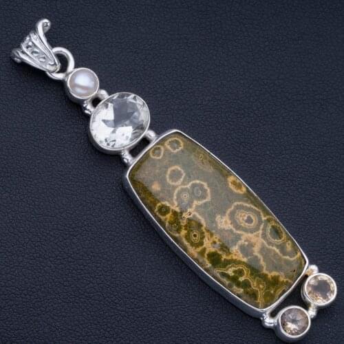 Natural Ocean Jasper,Citrine,Green Amethyst and River Pearl 925 Sterling Silver Pendant 3" P0932