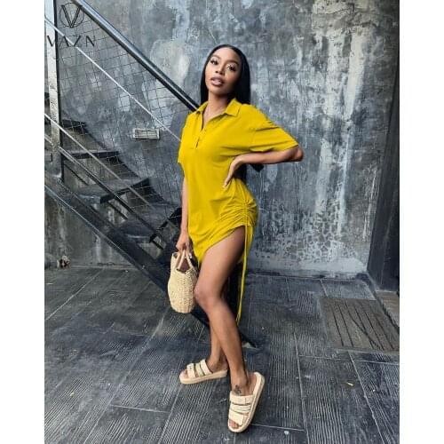 VAZN 2021 Summer Solid Energy Sweet Office Lady Young Free Regular Bandage Top Short Sleeve Fashion Women Straight Mini Dress