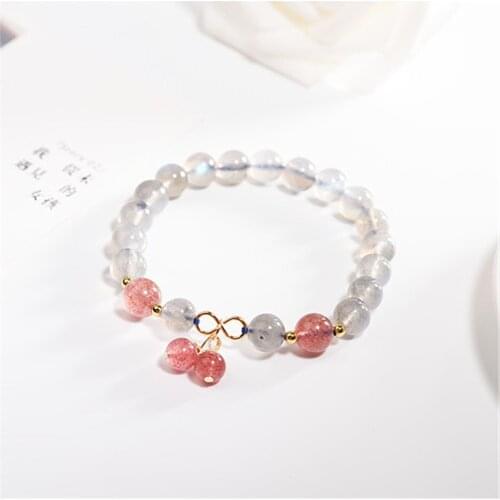 Moonstone Stone Beaded Bracelet For Women Men Chakra Yoga Shining Strawberry Stone Beaded Charm Bracelet Handmade Wristband Gift