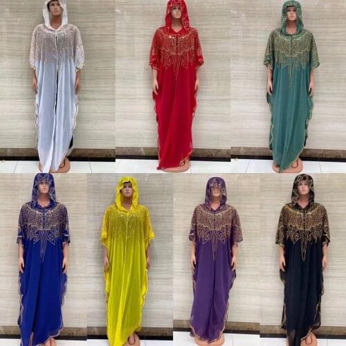 Latest Style African Dashiki Womens Clothing Abaya Stylish Muslim Dubai Hot Drilling Loose Long Dress Free Size + Scarf