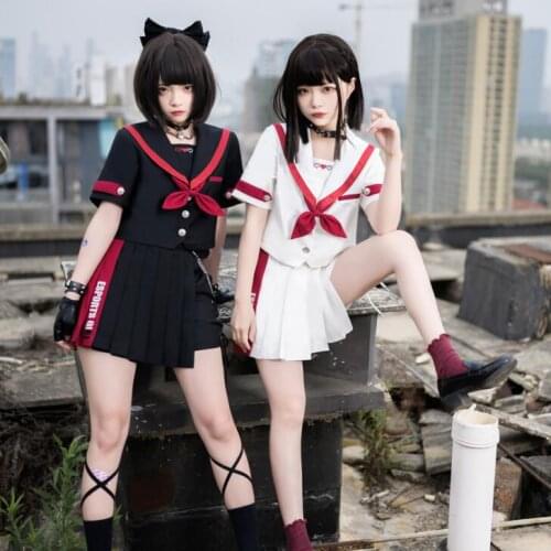 Gaming Girl Original Design Cute Japanese Womens JK Uniform 2Pcs Set: Short Sleeves Sailor Collar Blouse Shirt + Skirt Shorts