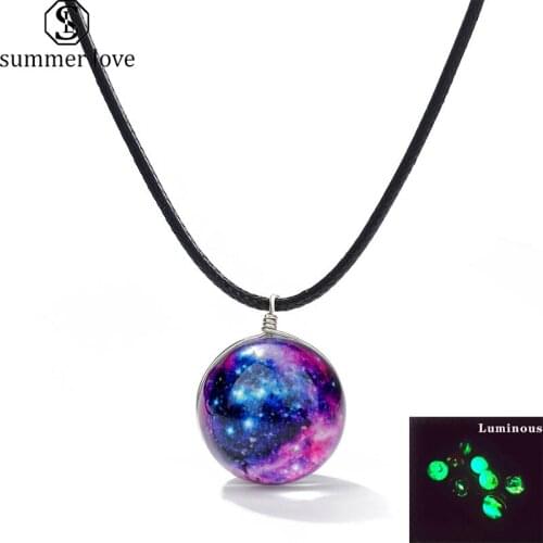 Fashion Luminous Universe Starry Ball Pendant Necklace Black Leather Rope Chain Necklace Women 15 Colors Galaxy Charms Jewelry