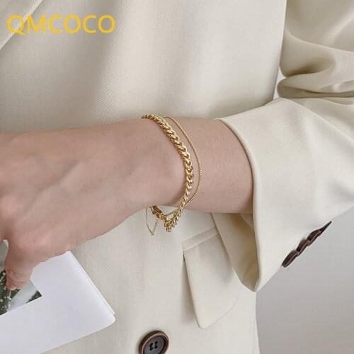 QMCOCO 925 Silver Bracelet New Trendy Rock Hip-Hop Vintage For Couples Simple Gold Thick Chain Tassel Party Jewelry Charm Gifts