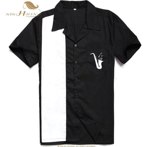SISHION Mens Retro Cruiser Bowling Shirt ST126 50s Vintage Black Cotton short sleeve shirt