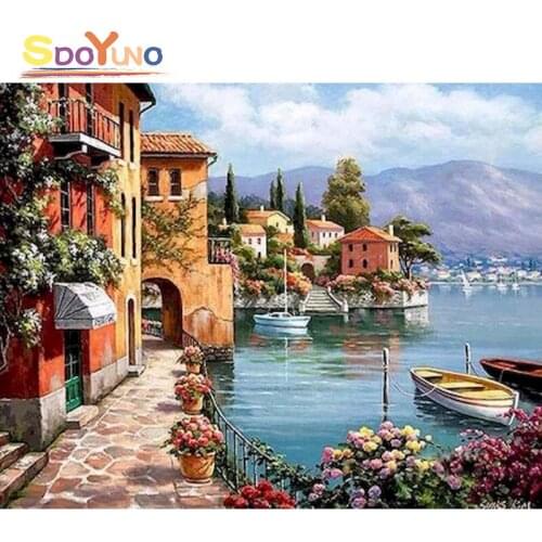 SDOYUNO Painting By Numbers Sea Town Coloring Landscape Paint Canvas Picture Oil Painting By Number HandPainted For Adults Decor
