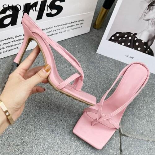 SUOJIALUN 2021 Summer Women Slipper Thin High Heel Narrow Band Ladies Sandal Casual Outdoor Beach Vacation Flip Flop Slides
