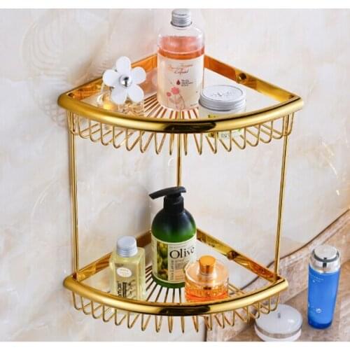 Top quality brass gold double tiers bathroom Corner shelves with robe hook basket holder bathroom soap holder bath shampoo shelf