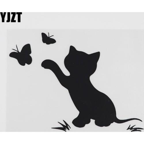 YJZT 14.3CMX10.9CM Funny Cat Playing With Butterflies Decal Vinyl Car Sticker Black/Silver 8A-0090