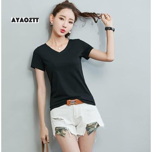AYAOZTT Stretch Summer New Women T Shirts Solid Color Short Sleeve Tshirt Women Fashion Cotton Elastic Basic V-Neck T-shirt