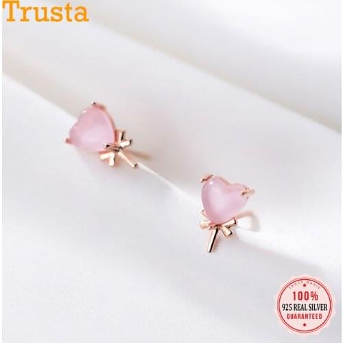 Trustdavis Genuine 925 Sterling Silver Synthetic Powder Heart Crystal Stud Earrings for Women Valentines Day Fine Jewelry DS603
