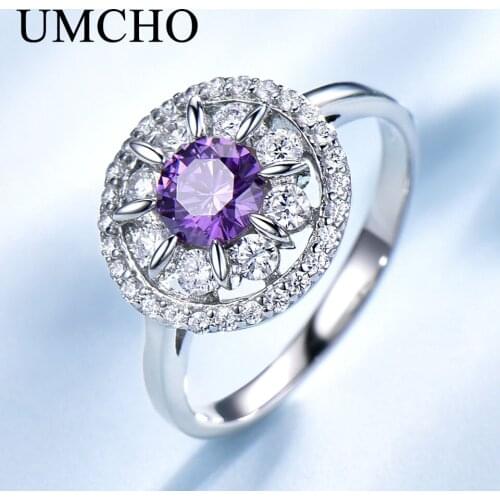 UMCHO S925 Sterling Silver Rings for Women Amethyst Ring Gemstone Aquamarine Cushion Romantic Gift Engagement Jewelry