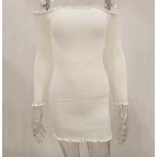 Off Shoulder Women Dress Long Sleeve Breathable Ruffles Short Knitted Pencil Dress Party Clothes Street wear vestidos 2021