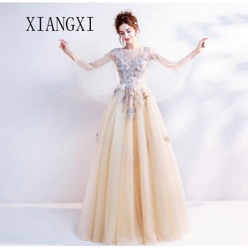 Robe De Soiree Champagne Long Dresses O-Neck Sleeves 3D Flower A-Line Evening Dresses Long Formal Party Gowns Vestidos de festa