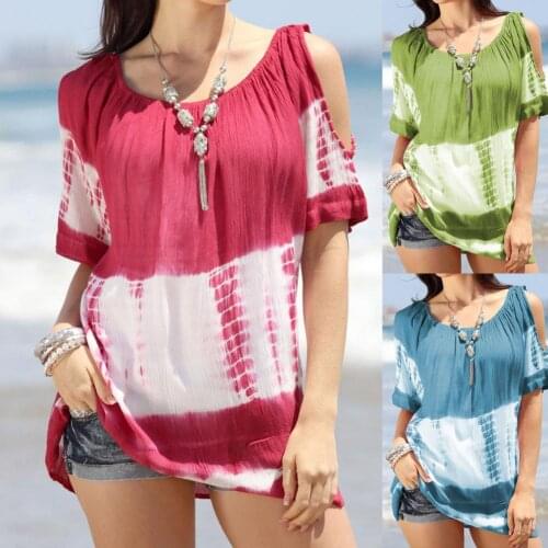 2021 Cold Shoulder Short Sleeve T-shirts Skin-friendly Breathable Round Neck Trendy Tie-dye Print Loose Top for Going Out