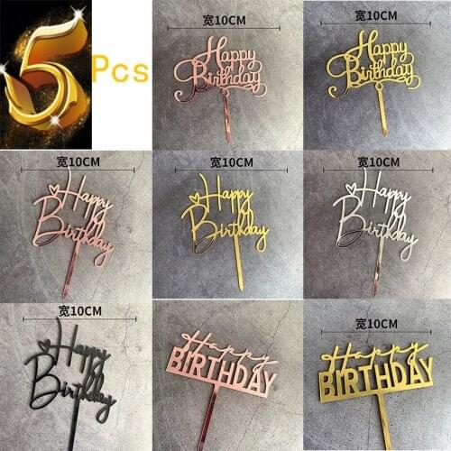 5PCS Acrylic Happy Birthday Cake Topper Gold Birthday Cake Toppers Flags For Kids Birthday Party Cake Decorations Baby Shower
