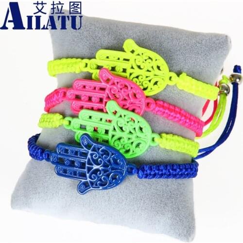 Ailatu Super Sale Hot Bracelets 20pcs Wholesale Neon Fluorescent Fatima Hamsa Hand Friendship Bracelet Ethnic Jewelry